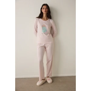 Lila Blanket Slogan Baskılı Bisiklet Yaka Pamuklu Uzun Kollu Pijama Takımı