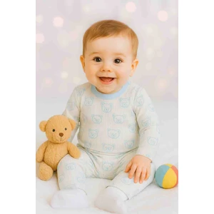 Ayıcık Desenli Fitilli Pamuklu Mevsimlik Erkek Bebek Pijama Takımı Uzun Kollu Üst Rahat Alt 1-2-3 Yaş