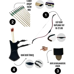 Geleneksel Okçuluk Başlangıç Seti - Elif Yay (Kaplamalı) + 5 Ok + Zihgir + Tirkeş