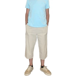 %100 Pamuk, Keten Kumaştan Beli Lastikli ve Bağcıklı Kapri Pantolon(Solma ve Çekme Yapmaz)