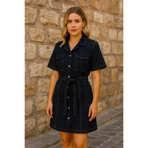 Kadın Büyük Beden Siyah, Yıkamalı Denim Kumaş, Çift Çepli, Kısa Kol Kot Elbise 65N39155
