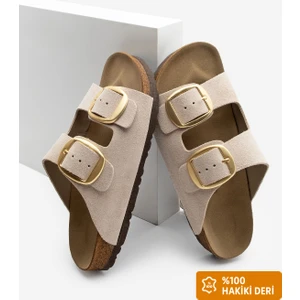 Kadın Hakiki Deri Günlük Terlik Çift Bantlı Terlik Eva Taban Poli Bej