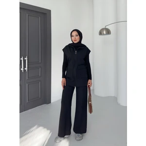 Kadın Siyah Yelek Pantolon Ikili Takım | %100 Pamuk | Rahat Kesim | Lastikli Bel | 4 Mevsim - Günlük