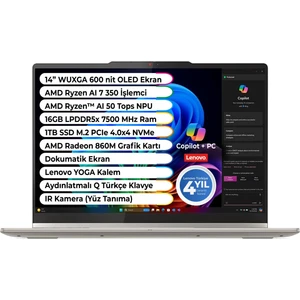 Yoga 7 Amd Ryzen 7 350 Cpu LPDDR5X 7500MHZ 16GB 1tb M2 SSD Copilot + Amd Ryzen Aı 50 Tops 14" OLED Wuxga Dokunmatik Ekran 83JR007XTR