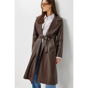 Kuşaklı Suni Deri Trençkot LGP0027 Kahverengi