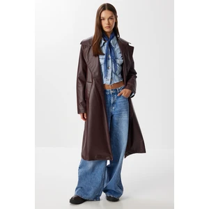 Kuşaklı Suni Deri Trençkot LGP0027 Bordo