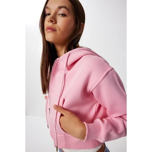 Kapüşonlu Fermuarlı Şardonlu Örme Sweatshirt LPX0004 Pembe