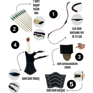 Geleneksel Okçuluk Başlangıç Seti - Elif Yay (Kaplamalı) + 7 Ok + Zihgir + Tirkeş + Kolçak