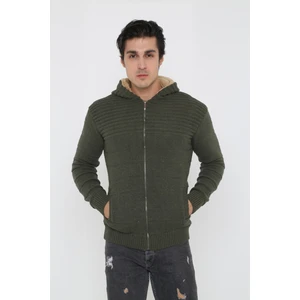 Erkek Haki Içi Kürklü Kapsonlu Triko Örme Hırka