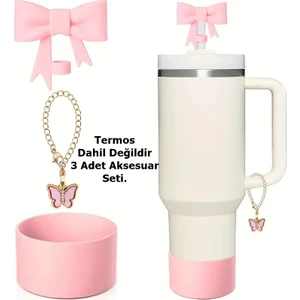 Quencher 30 - 40 Oz 3'lü Aksesuar Tıpa Charm Taban Koruyucu Silikon Pembe Set