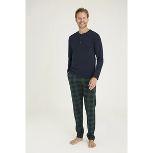 Erkek %100 Pamuklu Düğmeli Yaka Ekose Desen Uzun Kollu Pijama Takım