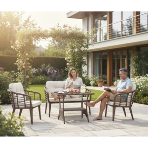 Kartepe 2 1 1 Rattan Bahçe Balkon Takımı,kahve Örgü/krem Kumaş