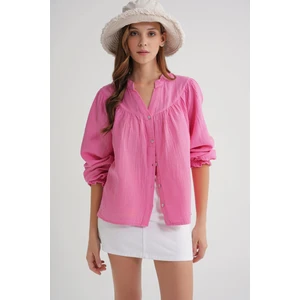 4733 Kadın Büzgü Robalı Uzun Kol Müslin Gömlek Pembe