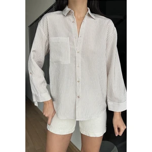 4655 Kadın Apolet Detaylı Ince Çizgili Gömlek Toprak