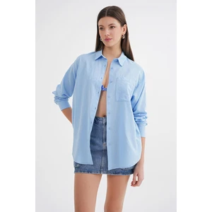 4670 Kadın Cepli Oversize Basic Keten Gömlek Bebe Mavi