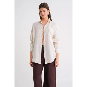 3833 Kadın Oversize Cepli Müslin Gömlek Naturel