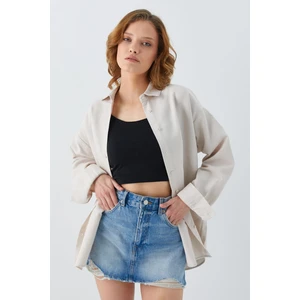 4621 Kadın Arkası Pileli Basic Gömlek Taş