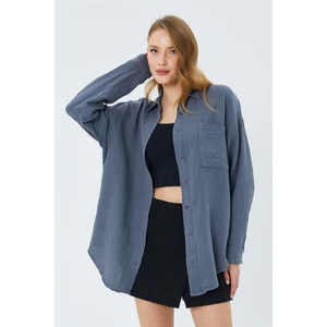 3833 Kadın Oversize Cepli Müslin Gömlek Antrasit