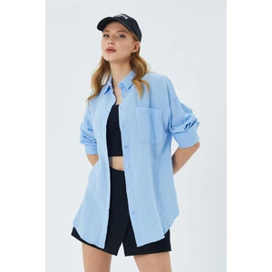 3833 Kadın Oversize Cepli Müslin Gömlek Bebe Mavi