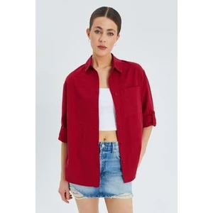 9942 Kadın Oxford Uzun Kol  Basic Gömlek Bordo