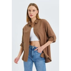 9942 Kadın Oxford Uzun Kol  Basic Gömlek Vizon