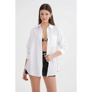 4670 Kadın Cepli Oversize Basic Keten Gömlek Beyaz