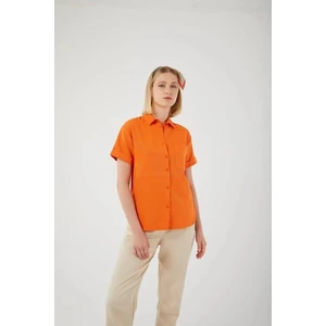 3950 Kadın Oxford Kısa Kollu Basic Gömlek Oranj