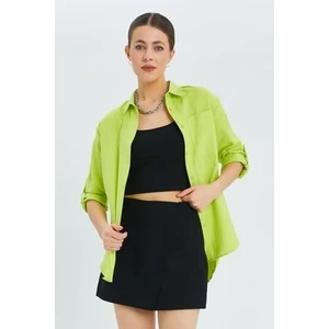 9942 Kadın Oxford Uzun Kol  Basic Gömlek Neon Yeşil