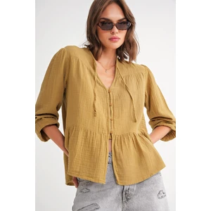 4563 Kadın Yakası Bağlamalı Kolu Lastikli Bol Müslin Gömlek Zeytin Yeşili