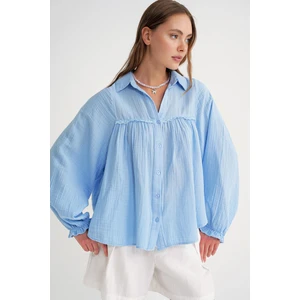 4677 Kadın Dantel Detaylı Müslin Gömlek Bebe Mavi