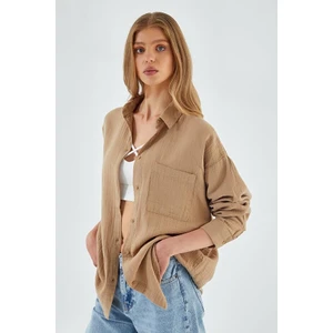 3833 Kadın Oversize Cepli Müslin Gömlek Vizon