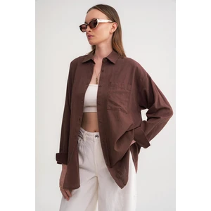 4670 Kadın Cepli Oversize Basic Keten Gömlek Kahve
