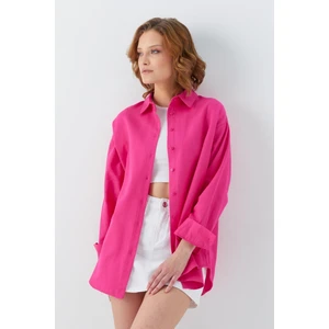 4621 Kadın Arkası Pileli Basic Gömlek Fuşya