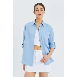 9942 Kadın Oxford Uzun Kol  Basic Gömlek Bebe Mavi