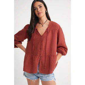 4563 Kadın Yakası Bağlamalı Kolu Lastikli Bol Müslin Gömlek Kiremit