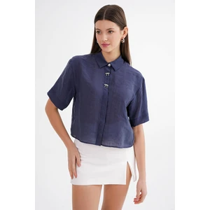 4663 Kadın Kombin Düğmeli Crop Gömlek Lacivert