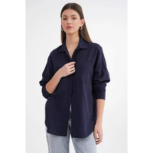 4670 Kadın Cepli Oversize Basic Keten Gömlek Lacivert
