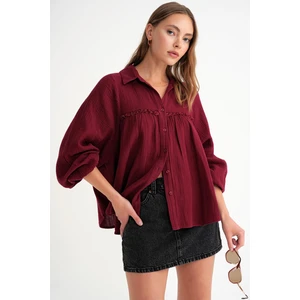 4677 Kadın Dantel Detaylı Müslin Gömlek Bordo