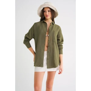 3833 Kadın Oversize Cepli Müslin Gömlek Haki