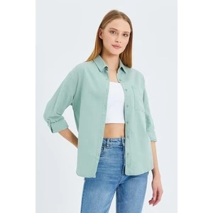 9942 Kadın Oxford Uzun Kol  Basic Gömlek Çağla