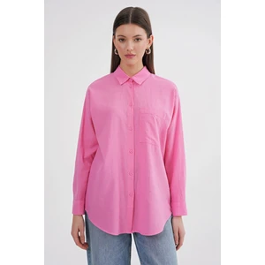 4670 Kadın Cepli Oversize Basic Keten Gömlek Pembe