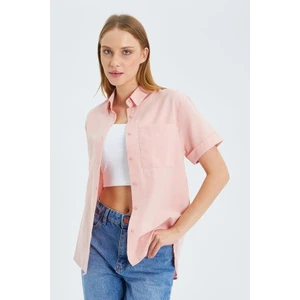 3950 Kadın Oxford Kısa Kollu Basic Gömlek Pudra