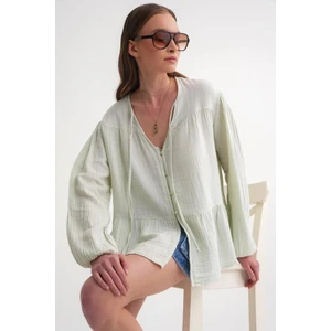 4563 Kadın Yakası Bağlamalı Kolu Lastikli Bol Müslin Gömlek Adaçayı