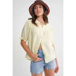 4725 Kadın Büzgü Robalı Kolu Fırfırlı Müslin Gömlek Pastel Sarısı