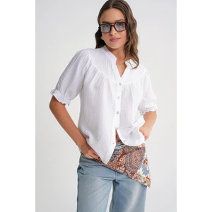 4725 Kadın Büzgü Robalı Kolu Fırfırlı Müslin Gömlek Beyaz
