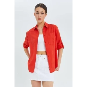 9942 Kadın Oxford Uzun Kol  Basic Gömlek Nar