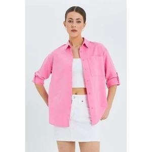 9942 Kadın Oxford Uzun Kol  Basic Gömlek Şeker Pembe