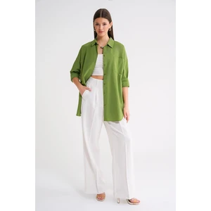 4053 Kadın Tek Cepli Oversize Basic Gömlek Fıstık Yeşili