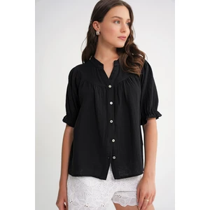 4725 Kadın Büzgü Robalı Kolu Fırfırlı Müslin Gömlek Siyah