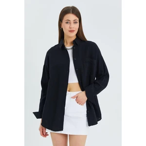 3833 Kadın Oversize Cepli Müslin Gömlek Siyah